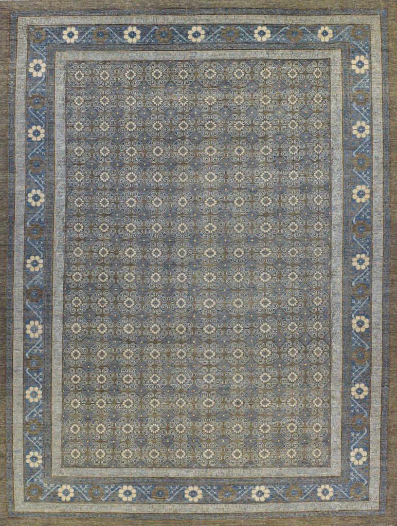 One of a kind hand knotted 10x14 khotan design oriental wool rug made in Pakistan with several shades of blue, brown and ivory.
