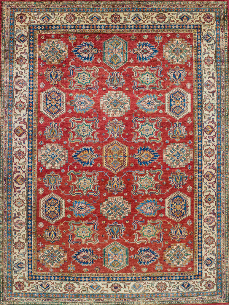 hand knotted red and ivory color 8 x 10 traditional oriental wool rug with geometric design and accent jade green, ivory, yellow/gold, blue color.