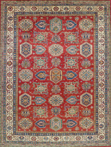 hand knotted red and ivory color 8 x 10 traditional oriental wool rug with geometric design and accent jade green, ivory, yellow/gold, blue color.