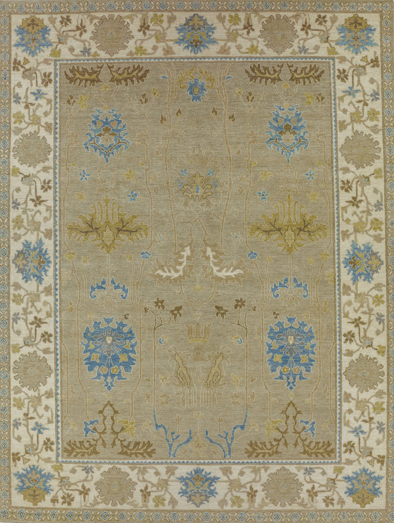 Luxury modern Turkish Oushak 9x12 wool rug in oriental design with beige/ivory and accent blue, ivory, blush, brown and citron colors.