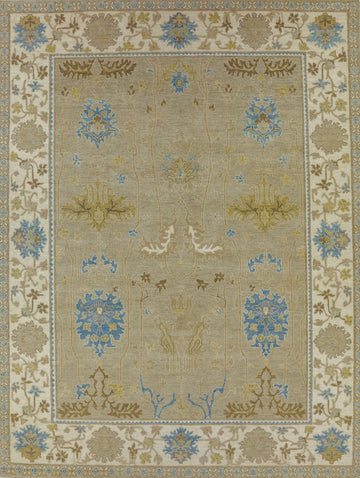 Luxury modern Turkish Oushak 9x12 wool rug in oriental design with beige/ivory and accent blue, ivory, blush, brown and citron colors.