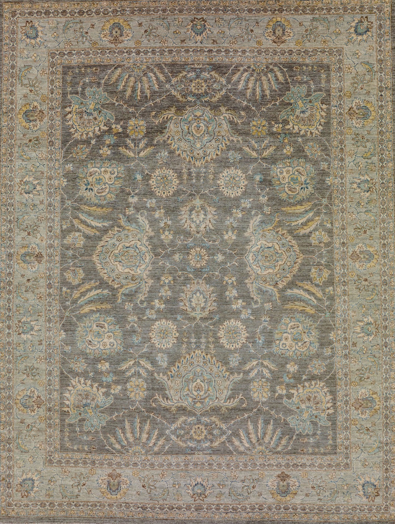 8x10 Turkish Oushak abrash wool rug with seal grey, sage green, beige, brown, and ivory colors in casual style.