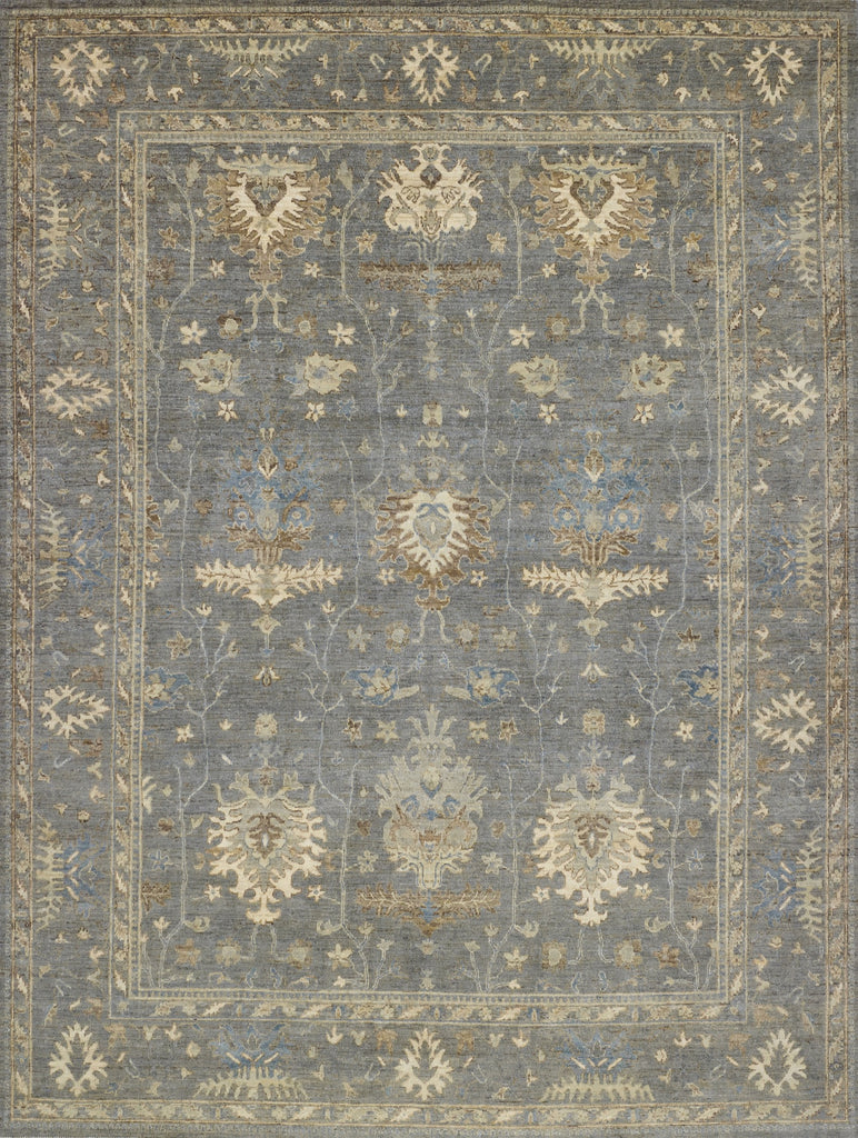 Hand knotted one of a kind 8x10 modern grey turkish oushak wool rug from Pakistan with beige, brown, green tint, ivory and blue accent colors.