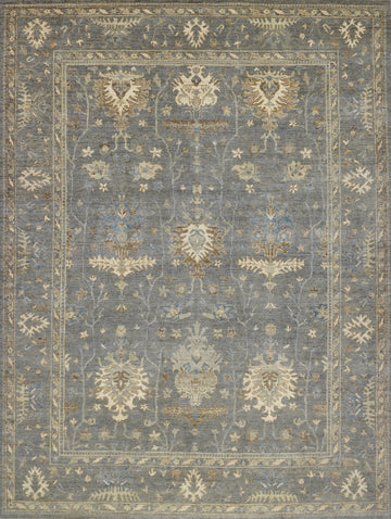 Hand knotted one of a kind 8x10 modern grey turkish oushak wool rug from Pakistan with beige, brown, green tint, ivory and blue accent colors.