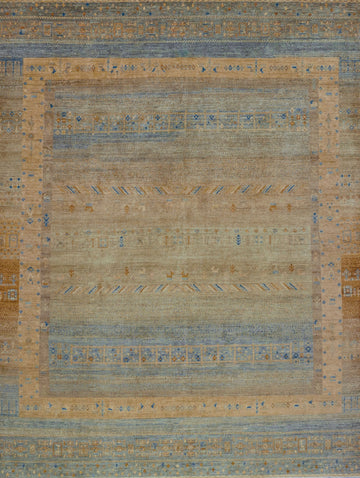 8x10 hand knotted colorful ombre beige tribal southwest rug with geometric design animal figures and clay orange, blue and beige colors, southwest tribal modern Persian rug design. 