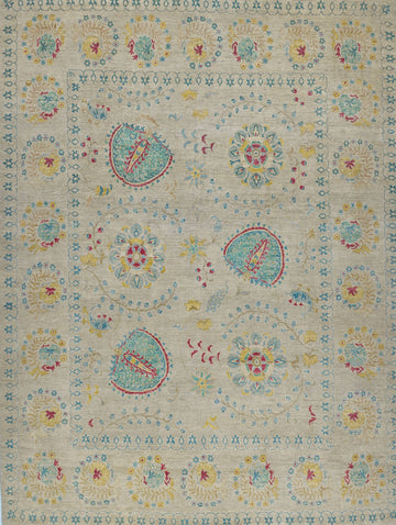 Hand knotted 8x10 wool area rug with floral suzani rug design and grey/beige background and colorful turquoise, teal, blue, bright yellow/gold, and coral red accent colors.