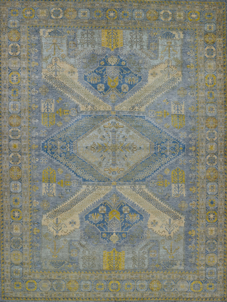 Luxury 9x12 hand knotted designer rug with large floral and geometric oriental design with colorful periwinkle purple, mustard yellow and accent beige, ivory, green and blue accents.