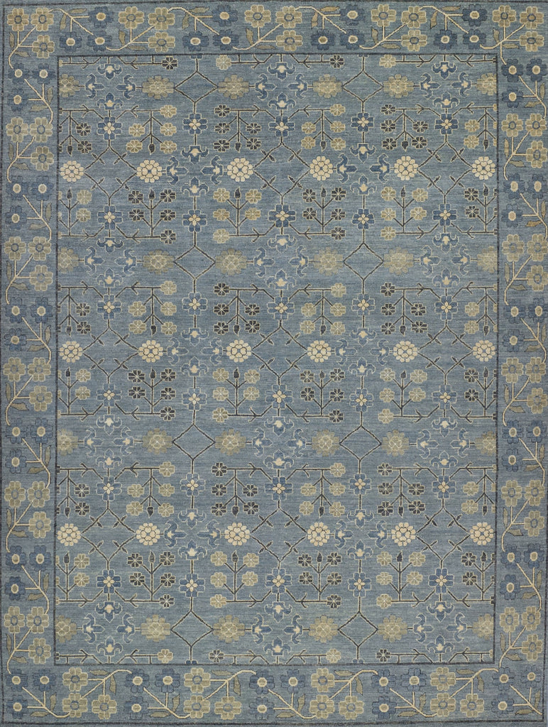 9x12 size, new hand knotted floral and geometric oushak wool area rug with blues, charcoal grey/black, ivory, taupe and beige.