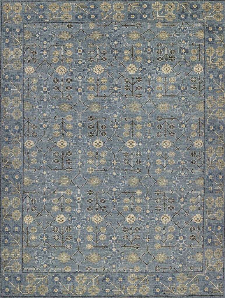 9x12 size, new hand knotted floral and geometric oushak wool area rug with blues, charcoal grey/black, ivory, taupe and beige.