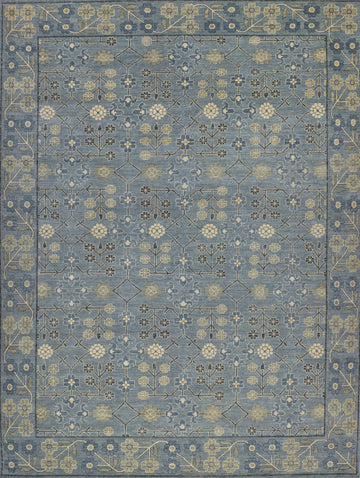 9x12 size, new hand knotted floral and geometric oushak wool area rug with blues, charcoal grey/black, ivory, taupe and beige.