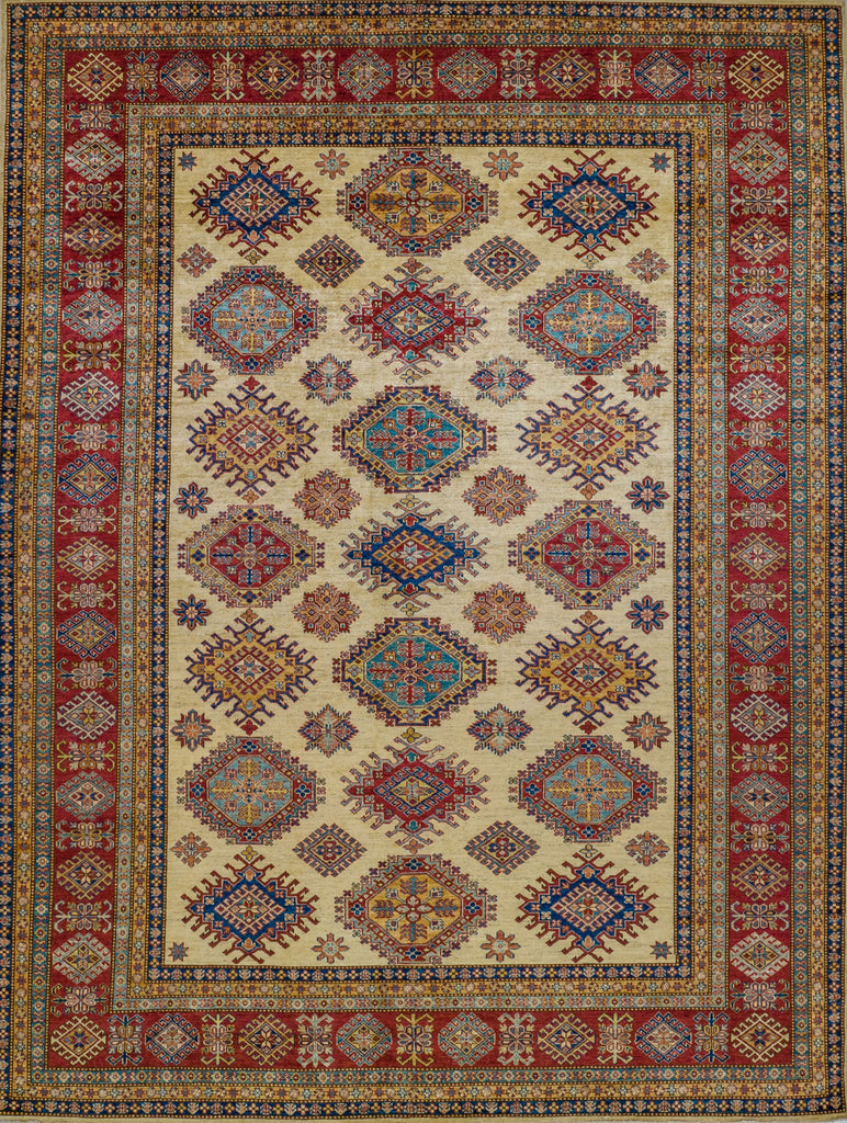 9' x 12' oriental wool rug with geometric southwest design in ivory and red primary color and accent jade green, yellow/gold, navy blue, and light blue accents.