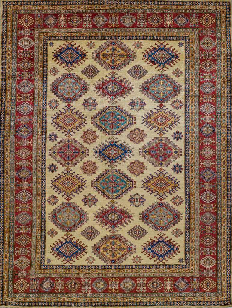 9' x 12' oriental wool rug with geometric southwest design in ivory and red primary color and accent jade green, yellow/gold, navy blue, and light blue accents.