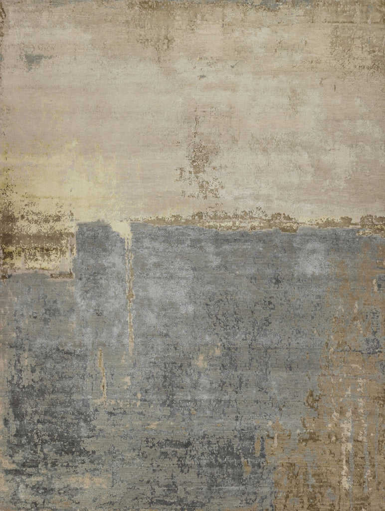 8x10 hand knotted modern contemporary glam rug made with wool and bamboo silk pile and cream, grey, brown, beige and slate colored rug.