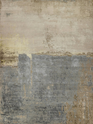 8x10 hand knotted modern contemporary glam rug made with wool and bamboo silk pile and cream, grey, brown, beige and slate colored rug.