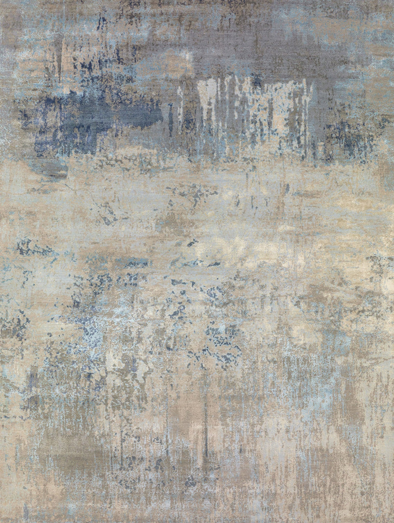 Roya Rugs 8 x 10 abstract cream and blue area rug made of wool and bamboo silk with shimmer.