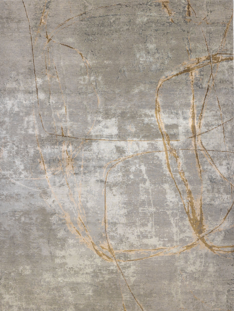 Lustrous shimmer neutral 8x10 hand knotted one of a kind rug with smokey taupe, grey and brown color and swirl design to appear like modern rug.