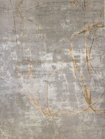 Lustrous shimmer neutral 8x10 hand knotted one of a kind rug with smokey taupe, grey and brown color and swirl design to appear like modern rug.
