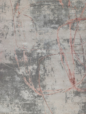Contemporary abstract 8x10 hand knotted, soft wool and bamboo silk rug with beige, gray, taupe and pink color.