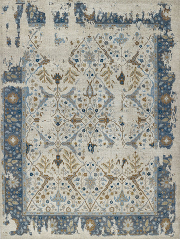 Roya Rugs Elke EL-03 hand knotted modern distressed oriental turkish oushak design wool area rug with ivory, grey, burnt orange, brown, dirty gold, teal, light blue and dark blue. Available sizes 4x6, 8x10, 9x12, 10x14, 12x15 and large oversized 12x18.