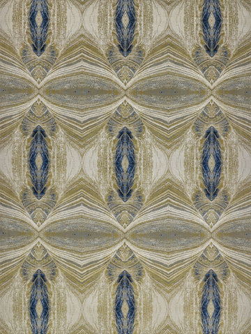 8x10 modern peacock kaleidoscope design hand knotted wool and silk rug with navy blue, light blue, pearl grey and dirty gold. 196 knots per square inch fine rug.