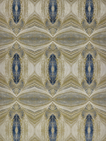 8x10 modern peacock kaleidoscope design hand knotted wool and silk rug with navy blue, light blue, pearl grey and dirty gold. 196 knots per square inch fine rug.