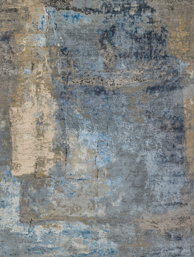 Beautiful modern abstract 8' x 10' hand-knotted blue and gray area rug with wool and bamboo silk. Accent beige, ivory and silver colors.