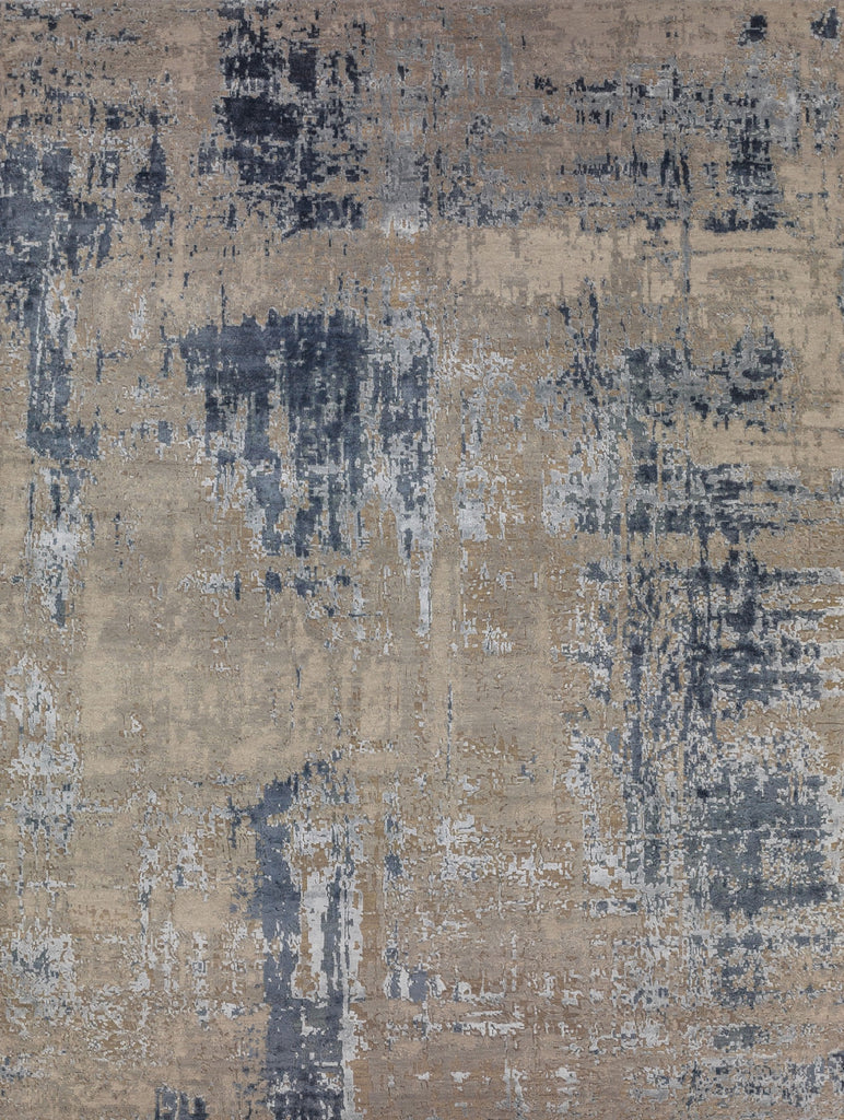 Modern 8x10 navy blue area rug made of wool and bamboo silk and accent light blue, beige, grey and taupe colors.