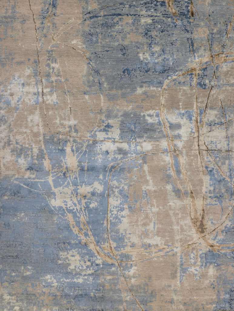 Modern abstract blue and brown 8x10 area rug hand-knotted of wool and bamboo silk with asymmetrical rug design. 