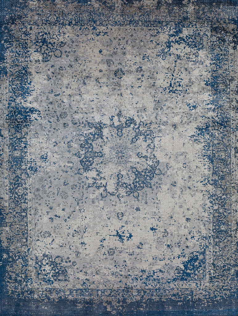9x12 luxury distressed modern Persian navy blue/grey rug with geometric designer design.