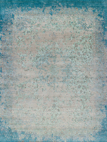 Aqua blue and sea foam green  8x10 hand knotted wool and pure silk pile area rug with a center medallion.