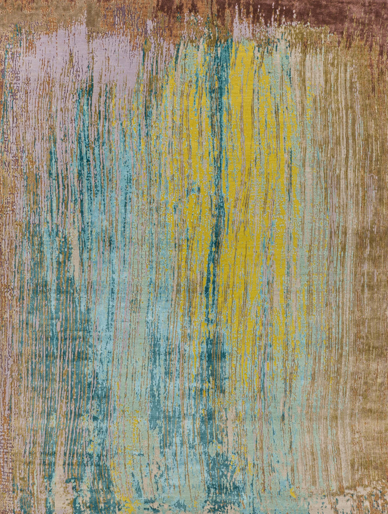 Colorful, textured, modern 8x10 wool and bamboo silk area rug in bright yellow and aqua blue.