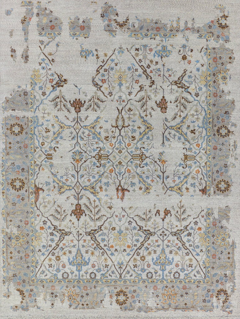 Roya Rugs Elke EL-02 colorful hand knotted modern distressed oriental turkish oushak wool rug with ivory, grey, orange, brown, beige/yellow, and light blue colors. Available in rug sizes 4x6, 8x10, 9x12, 10x14, 12x15 and large oversized 12x18.