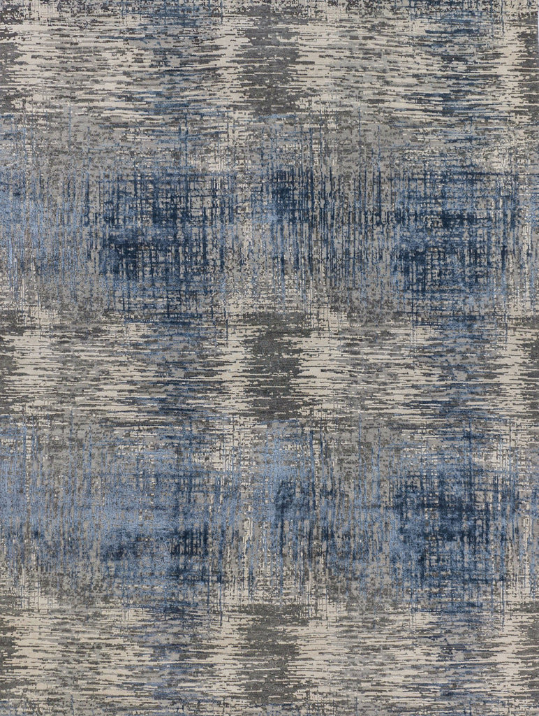 Hand knotted modern wool and bamboo silk rug 8x10 with texture soft pile and navy blue, ivory and warm grey colors.