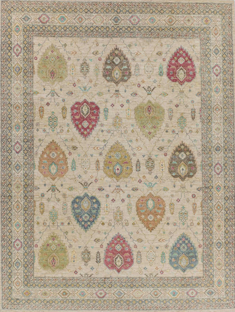 Avery AR-01 Ivory Hand Knotted Handmade Wool rug made in Pakistan with multiple colorful rug with green, yellow, gold, red, coral red, brown, seafoam, teal, aqua turquoise color area rug. Casual traditional roya rug. Sustainable organic fibers available in runners 4x6 5x7 6x9 8x10 9x12 10x14 12x15 12x18 and oversize and custom size rug