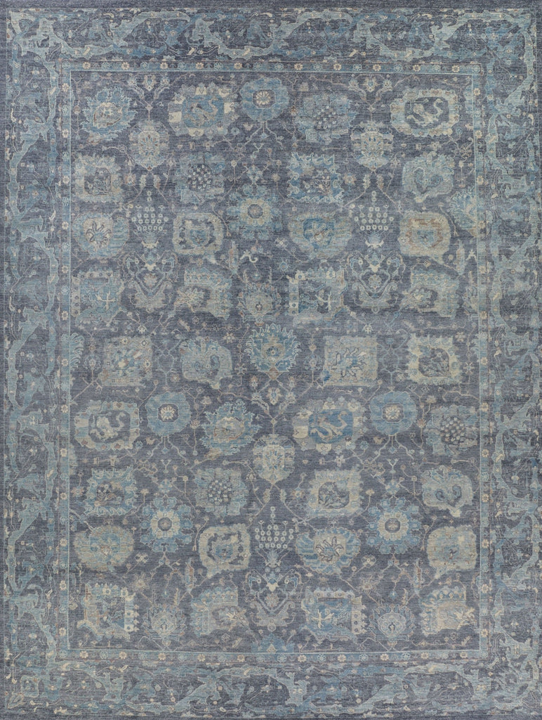 oversized, large 12x15 area rug handmade of wool cobalt blue, brown and beige oushak wool area rug.