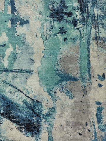 Inspired by the lagoons in the Southeast, the Biscayne collection lifts any contemporary room needing a pop of color. The show stopping, abstract patterns will bring life into any interior. Hand knotted in India of wool and silk, the Biscayne collection will stand the test of time with its exquisite craftsmanship. Handknotted teal, turquoise, grey, abstract, modern, contemporary rug.