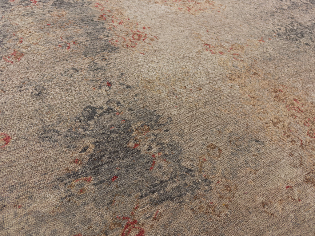 Coral vermilion red, nude, grey, charcoal and beige zero pile wool rug.