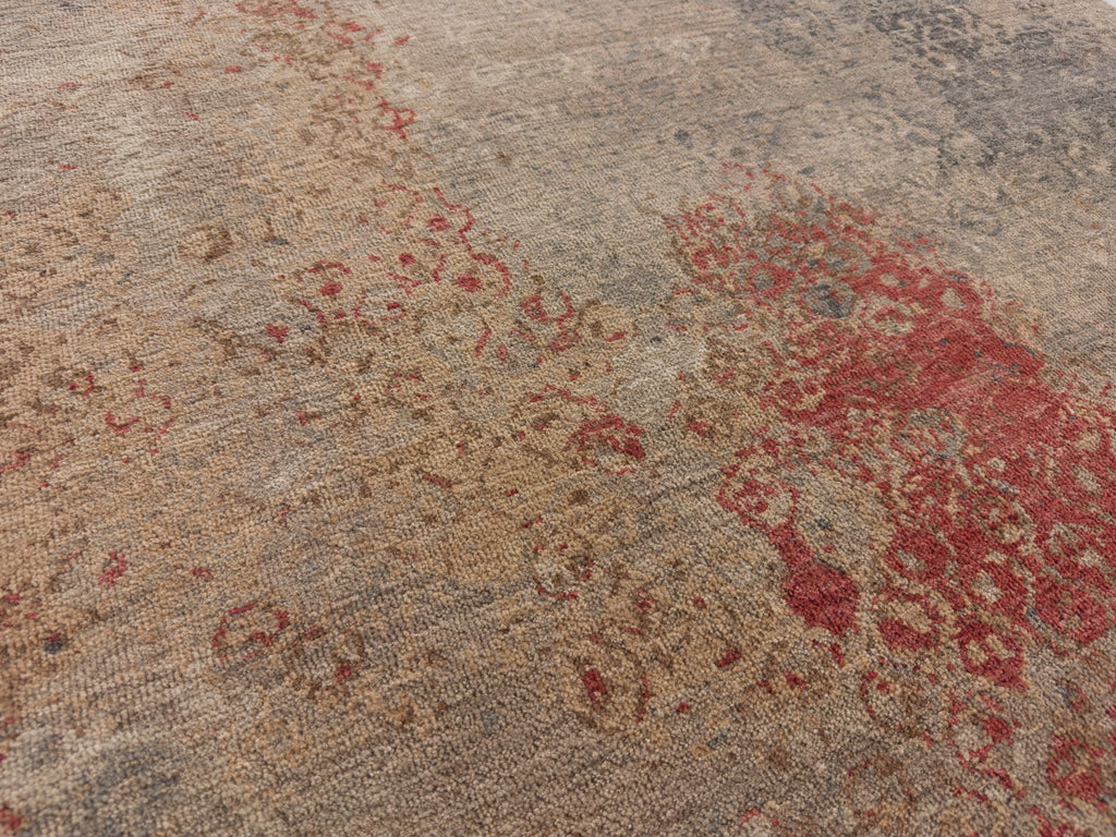 Coral vermilion red, nude, grey and beige zero pile wool rug.