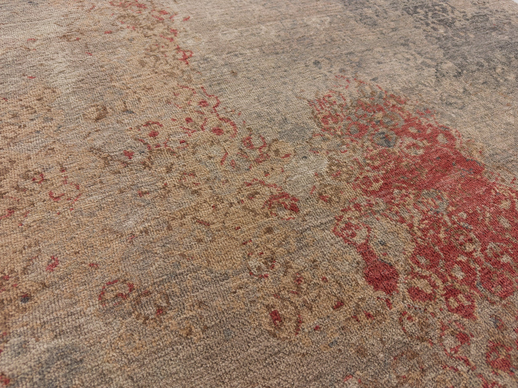 Coral vermilion red, nude, grey and beige zero pile wool rug.