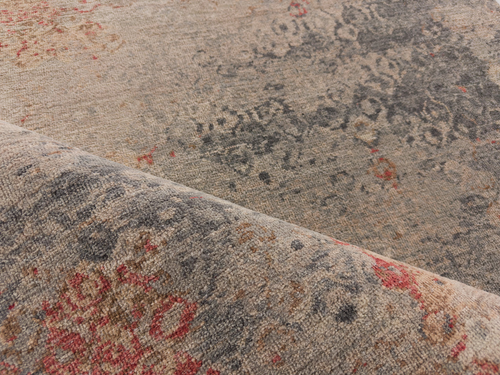 Coral vermilion red, nude, grey, charcoal and beige zero pile wool rug.
