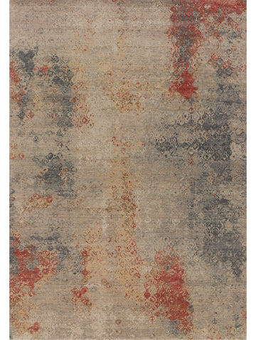 Hand knotted distressed modern abstract charcoal and vermilion red rug with grey and beige.