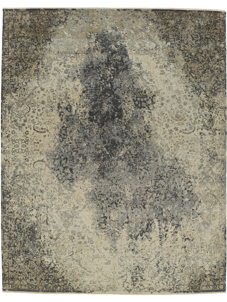Transitional distressed wool and silk rug with dark grey, beige, indigo blue, and champagne brass colors