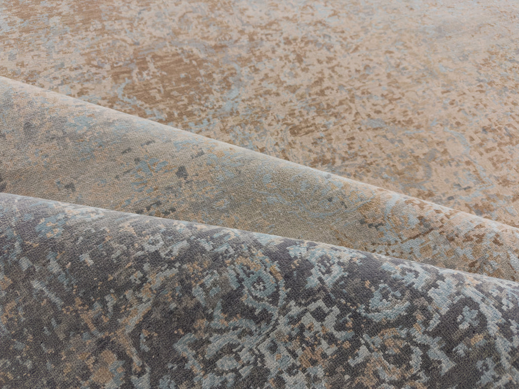 Roya Rugs Palais PLS-02 modern distressed rug with camel, beige, grey, indigo and light sky blue.