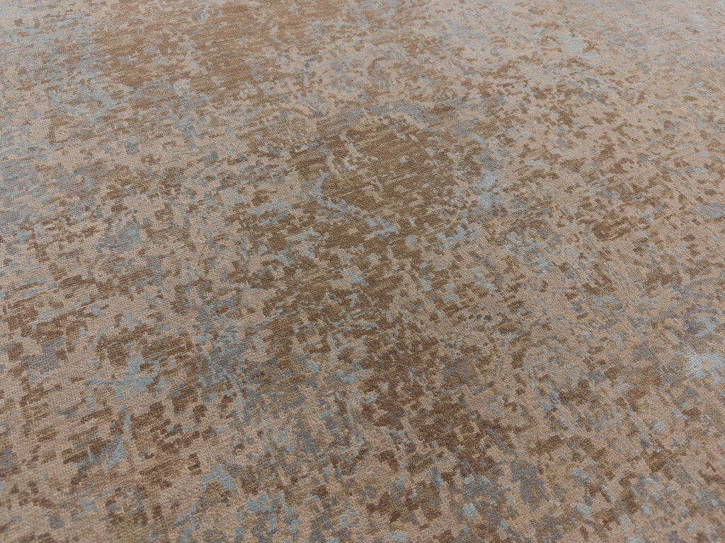Roya Rugs Palais PLS-02 modern distressed rug with camel, beige, grey, indigo and light sky blue.