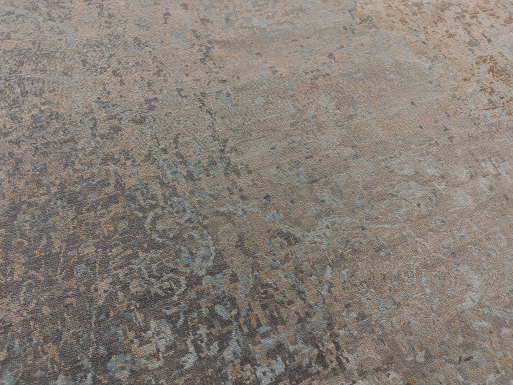 Roya Rugs Palais PLS-02 modern distressed rug with camel, beige, grey, indigo and light sky blue.