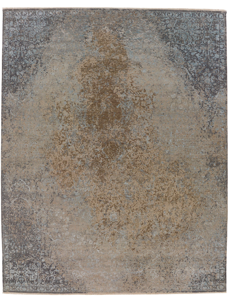 Roya Rugs Palais PLS-02 modern distressed rug with camel, beige, grey, indigo and light sky blue.