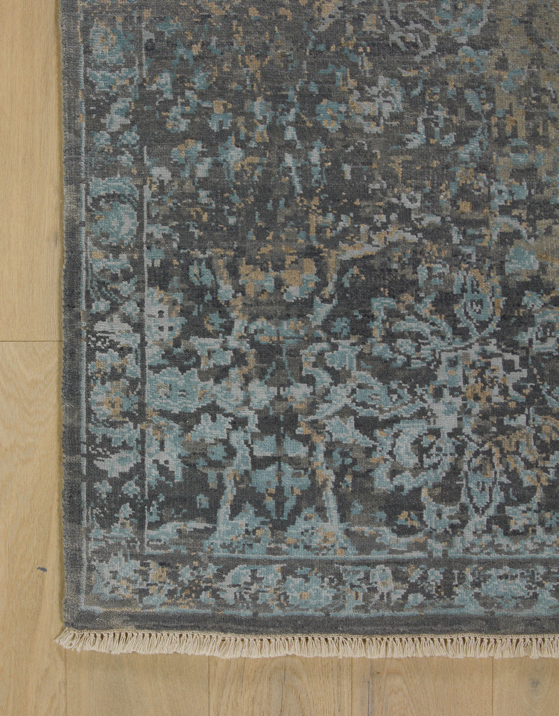 Roya Rugs Palais PLS-02 modern distressed rug with camel, beige, indigo and light sky blue with fringe.