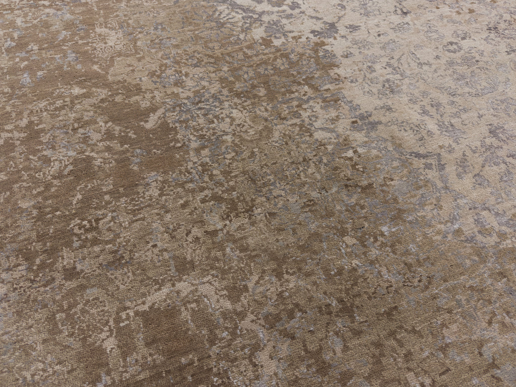 New distressed transitional rug with beige, mushroom taupe and silver rug angle 2