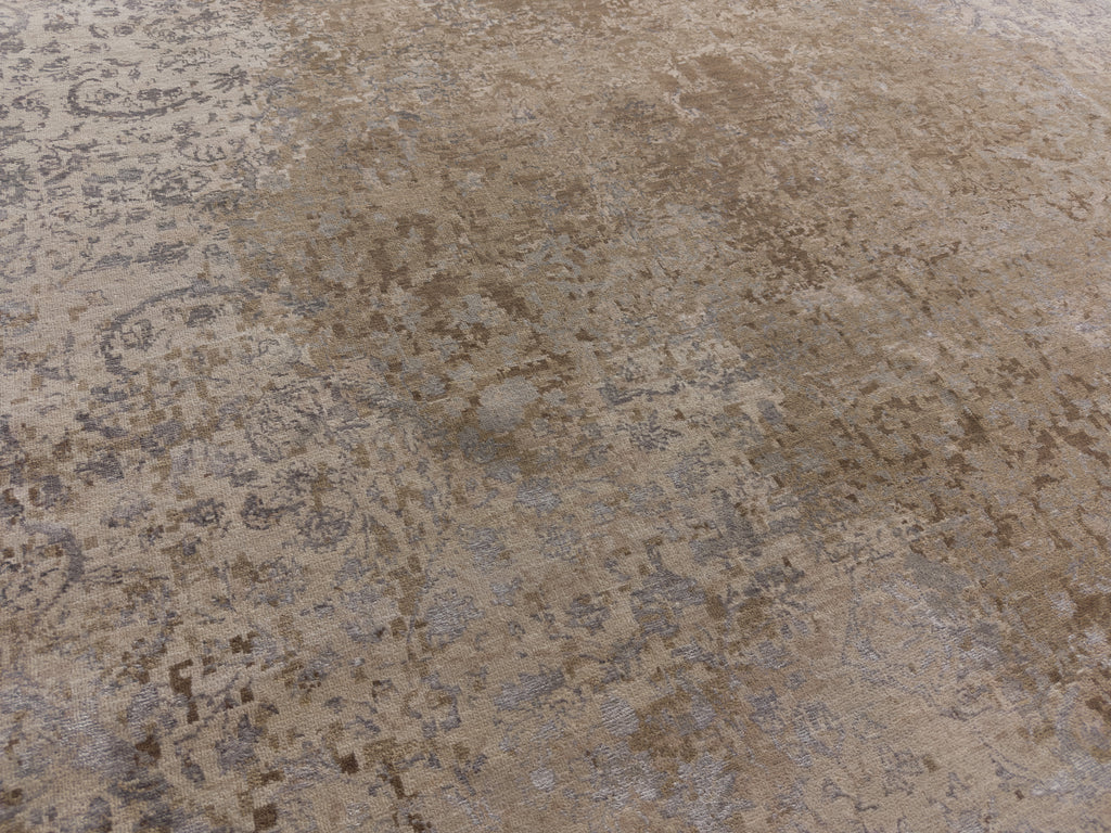New distressed transitional rug with beige, mushroom taupe and silver rug angle