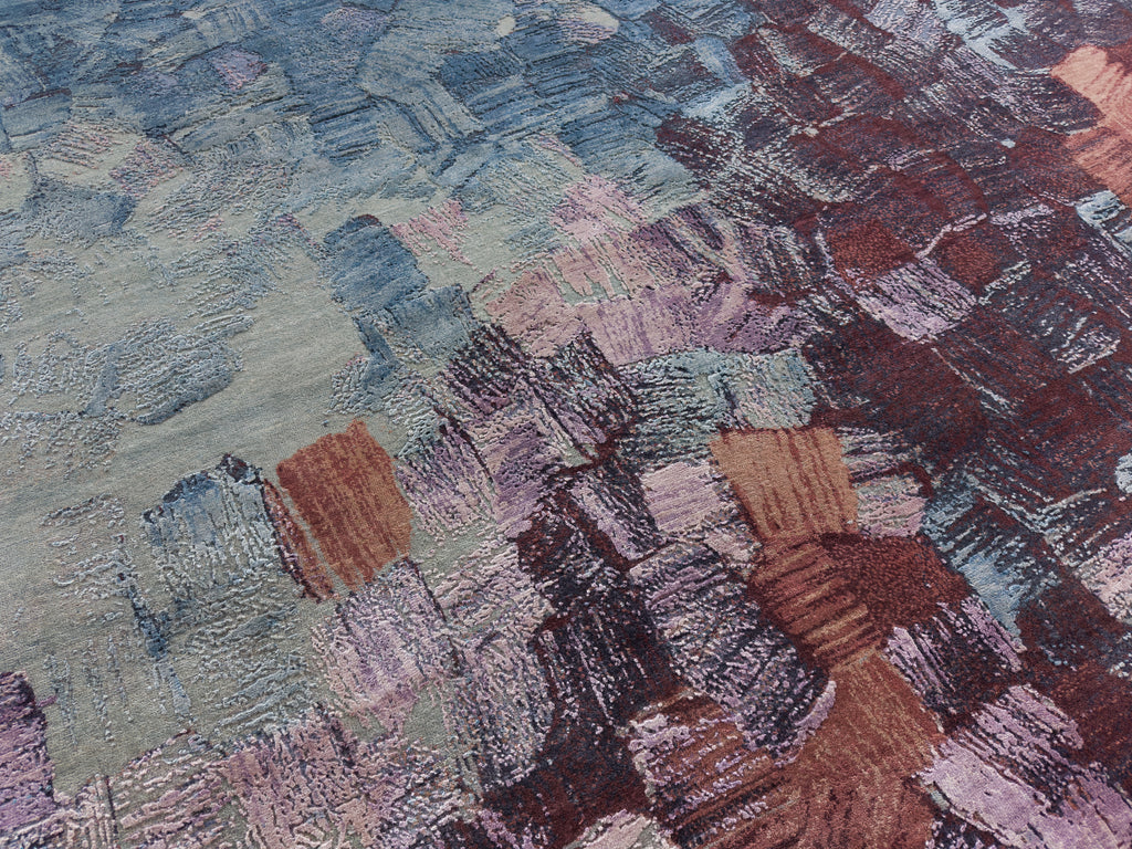 Stroke palette rug with sea foam mist green, dark wine red and blue.
